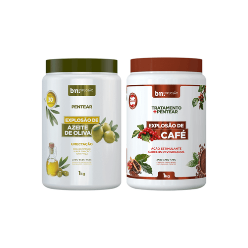 Kit Creme de Pentear Explosão de Azeite de Oliva + Creme de Pentear e Tratamento de Café 2 em 1 1Kg (2 itens) | bn.Cachos Kit Creme de Pentear Explosão de Azeite de Oliva + Creme de Pentear e Tratamento de Café 2 em 1 1Kg (2 itens) | bn.Cachos